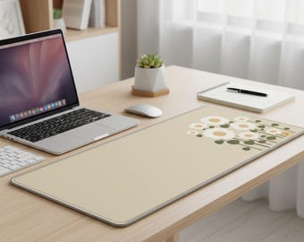 Beige Floral Desk Mat, Extended Mouse Pad, Neutral Workspace Decor, Spill-Proof Surface