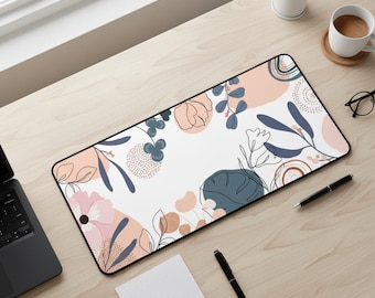 Boho Floral Desk Mat, Abstract Botanical Mouse Pad, Pastel Workspace Decor