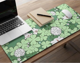 Green Clover Bunny Desk Mat Floral Large Mousepad Cottagecore Gaming Pad Cute Office Decor Gift for Gamers & Students