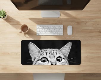 Peeking Kitten Desk Mat, Black & White Cat Gaming Mouse Pad, Stitched Edge Office Decor