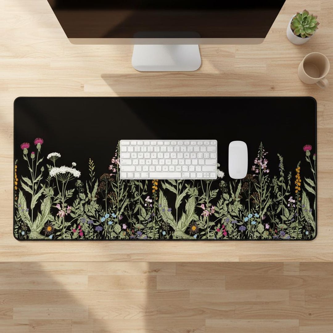 Dark Botanical Desk Mat, Vintage Wildflower Keyboard Pad, Non-slip ...