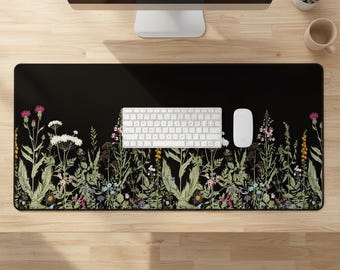 Dark Botanical Desk Mat, Vintage Wildflower Keyboard Pad, Non-Slip Workspace Accessory