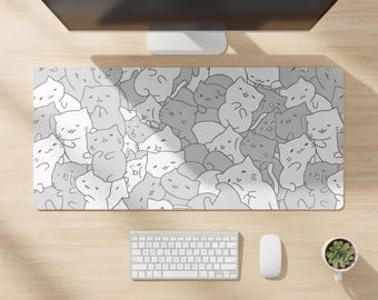 Grayscale Cat Doodle Desk Mat: Oversized Cartoon Keyboard Pad for Office Decor