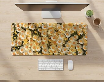Daisy Field Desk Mat: Large Botanical Floral Pattern, Stitched Edges, Cottagecore Office Decor