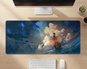 Anime Pirate Ship Desk Mat: Scenic Ocean Clouds Gaming Mouse Pad