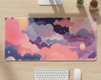 Celestial Cloud Desk Mat: Dreamy Nebula Gaming Mouse Pad, Stitched Edge Workspace Decor