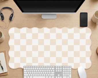 Scalloped Checkered Desk Mat, Wavy Edge Grid Keyboard Pad, Pastel Workspace Decor