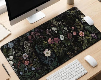 Dark Botanical Floral Desk Mat: Vintage Wildflower Keyboard Pad, Home Office Accessory