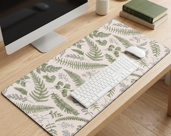 Botanical Fern Leaf Desk Mat: Extended Green Floral Mouse Pad, Non-Slip Office Keyboard Mat