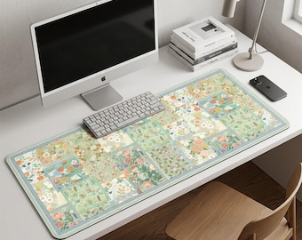 Cottagecore Floral Patchwork Desk Mat: Large Extended Keyboard Pad – Pink Green Workspace
