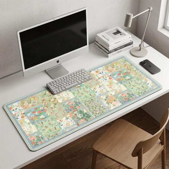 Cottagecore Floral Patchwork Desk Mat: Large Extended Keyboard Pad – Pink Green Workspace