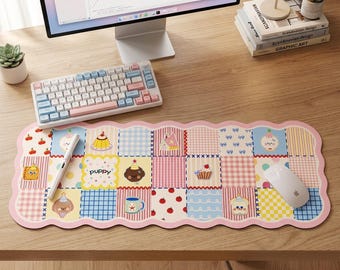 Pastel Patchwork Desk Mat, Scalloped Edge Mouse Pad, Pink Blue Workspace Decor