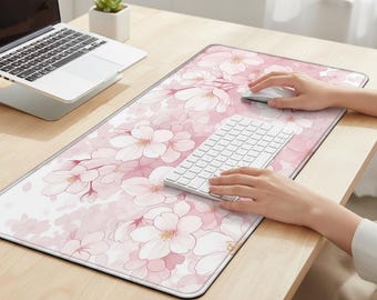 Cherry Blossom Desk Mat, Pink Floral Extended Mouse Pad, Soft Fabric Workspace Accessory