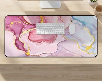 Pink Marble Desk Mat: Abstract Fluid Art Gold Purple Gaming Pad Workspace Office Decor