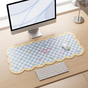 Scalloped Gingham Desk Mat with Bows – Pastel Wavy Edge Keyboard Pad