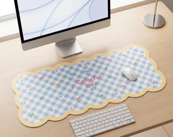 Scalloped Gingham Desk Mat with Bows – Pastel Wavy Edge Keyboard Pad