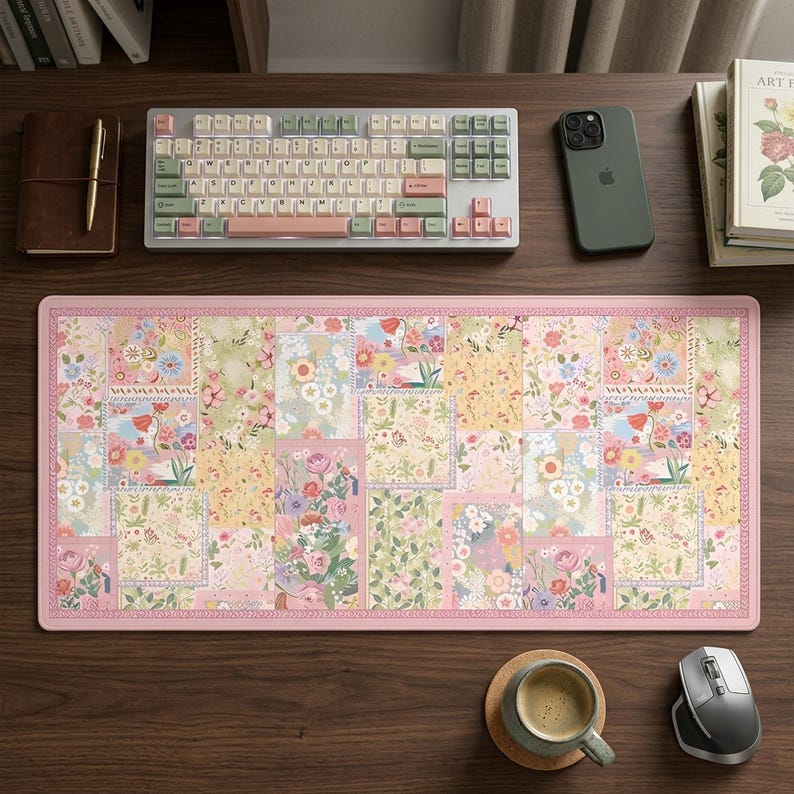 May include: A floral patterned desk mat with a pink border, a keyboard, a phone, and a mouse on a wooden desk. The mat features a patchwork design with flowers, butterflies, and birds. The keyboard has pink and green keys.