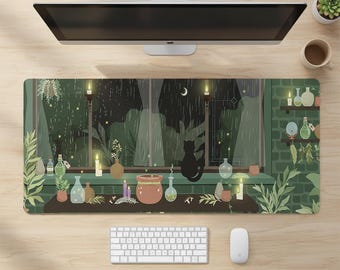 Botanical Desk Mat, Cozy Cat Workspace Decor, Vintage Floral Keyboard Mat