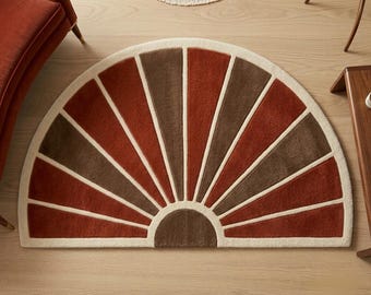Tappeto boho retrò a mezza luna con motivo a raggiera, trapuntato a mano, color terracotta marrone, stile Mid-Century Modern, tappeto ad arco unico per l'arredamento di casa.