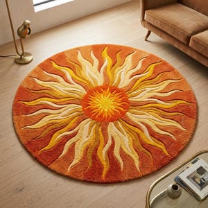 Sunburst Hand Tufted Wool Sun Rug, Round Celestial Sunshine Carpet, Orange Yellow Boho