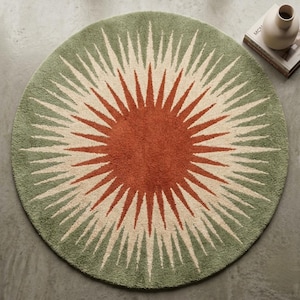Handtuftad Sunburst-matta, salviagrön rund matta, terrakotta-stjärnformad matta, MCM Boho Celestial 70-tals Groovy Maximalist Statement-inredning