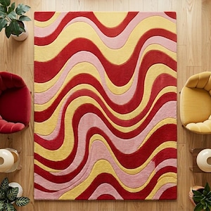 Hand Tufted Retro Wave Funky Abstract Area Rug, Pink Red Yellow Wavy Carpet, 70s Dopamine Decor Rug, Custom Tufted Rug