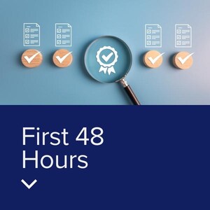 May include: An image with a blue background features a magnifying glass over a badge icon, with checkmarks and document icons. The text "First 48 Hours" is displayed in white at the bottom of the image.