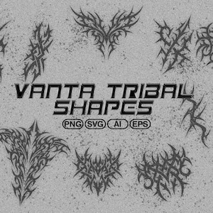 Peut inclure: Une collection de formes graphiques tribales noires disposées sur un fond gris texturé. Le texte VANTA TRIBAL SHAPES est centré, suivi de PNG, SVG, AI et EPS dans de petits cercles. Les motifs présentent des lignes pointues et complexes.