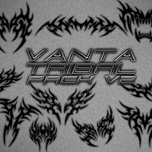 May include: A collection of eleven distinct black tribal graphic designs arranged around the central metallic text VANTA TRIBAL PACK V2. Each graphic features sharp, pointed, and symmetrical shapes with fluid, curved lines and solid black fill.