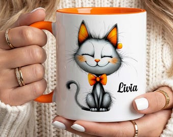 PERSONALISED Black Cat Mug, Cute Animal Coffee Cup, Adorable Kitten Illustration, Birthday Present For Her Best Friend Mom Sister & daughter