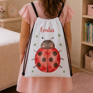 Personalized Ladybug Bag, Custom Kids Name Gym Bag, Watercolor Insect Nature Drawstring Bag, Cute Bug Backpack, Children Birthday Present