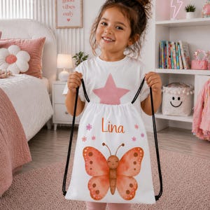 Personalized Butterfly Drawstring Bag, Custom, Cute Floral School Bag, Kids Sports Backpack, Spring Birthday Gift for Girls, Insect Present