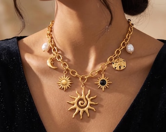 Collar Sol y Luna Celestial, Titanio Dorado, Acero Inoxidable, Colgante con Encanto Místico Bohemio