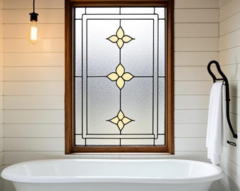 Lámina adhesiva esmerilada para ventanas de tamaño personalizado, con diseño floral amarillo simétrico y adhesivo estático removible para la decoración de puertas de vidrio de baño.