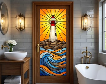 Lámina decorativa de vidrieras con diseño de faro oceánico a medida, acabado mate esmerilado, para ventanas y puertas de baño.