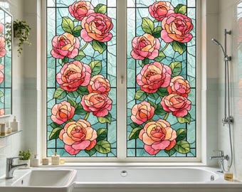 May include: A bathroom window featuring a stained glass design with large pink and peach roses and green leaves against a light blue background. The window is divided into sections by black lines.