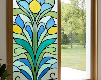 Film de vitrail de taille personnalisée moderne bleu vert motif fleur intimité porte coulissante couverture en verre Film de fenêtre décoratif
