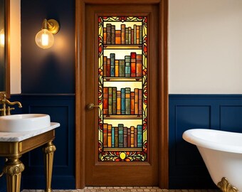 Custom Size Stained Glass Window Film Bookshelf Design Privacy Door Sticker Vintage Library Style Decorative Bathroom Glass Cover Film