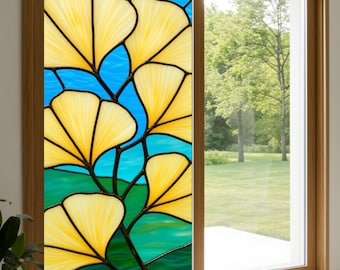 Benutzerdefinierte Größe Goldener Ginkgo Glasmalerei-Fensterfilm Sichtschutz Static Cling Nicht klebender UV-Block Entfernbarer Aufkleber für Badezimmer Home Decor