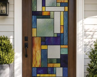 Blue Golden Yellow Abstract Geometric, Stained Glass Window Film, Custom Size