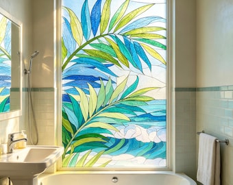 Window Privacy Film Stained Glass Window Film Tropical Beach Palm Ocean Wave Static Cling Door Bathroom Custom Size Available