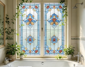 Lámina decorativa de vidrio esmerilado con diseño de flores azules, tamaño personalizado y elegante, para ventanas de baño, cocina y decoración del hogar.