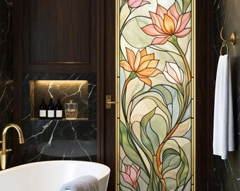Anpassad storlek Mjuk färg Lotus färgat glas fönsterfilm frostad integritet statisk kleefplast dekorativt skydd för badrumsglasfönster och dörr