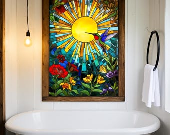 Custom Size Colorful Hummingbird and Sunburst Stained Glass Window Film Decorative Floral Privacy Glass Door Sticker for Bathroom Home Decor