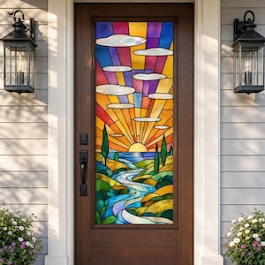 May include: A dark brown wooden door featuring a large vertical stained glass panel. The glass depicts a sunrise over a winding river and rolling hills, with a sky filled with colorful rays and white clouds. Two black lanterns flank the door.