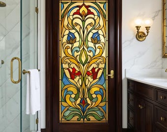 Custom Size Ornate Vintage Stained Glass Window Film Frosted Privacy Static Cling Decorative Window Cover for Bathroom Shower Door Glass