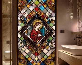 カスタムサイズ 宗教的聖人ステンドグラス窓フィルム 静電気吸着プライバシーステッカー 大聖堂スタイルのバスルームガラスドアパターン