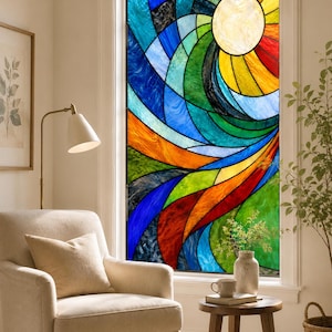 Custom Size Window Privacy Film Abstract Stained Glass Window Film Colorful Sunburst Privacy Cling Decorative Door Glass Covering