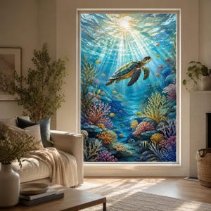 May include: A large rectangular wall mural depicting an underwater scene with a sea turtle swimming towards the surface. The image features vibrant coral reefs in shades of pink, yellow, and blue, with sunlight filtering through the water above.