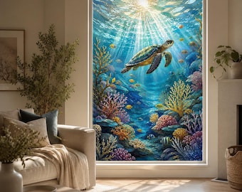 Película para ventanas con diseño de vitral, tortuga marina, arrecife de coral, adhesiva estática, para puertas y baños. Tamaños personalizados disponibles.